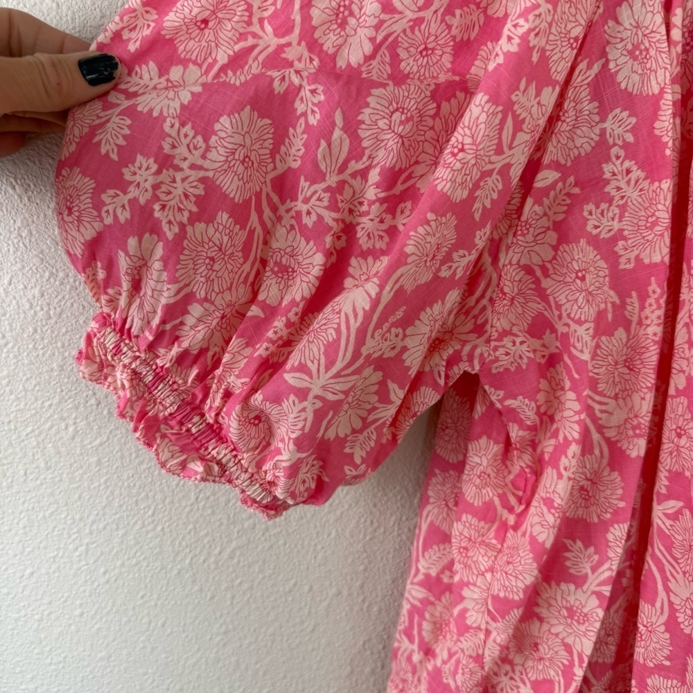 THE GREAT Garland Puff Sleeve Top Bright Rouge Wild Brush Floral Pink Women’s M - Picture 6 of 13